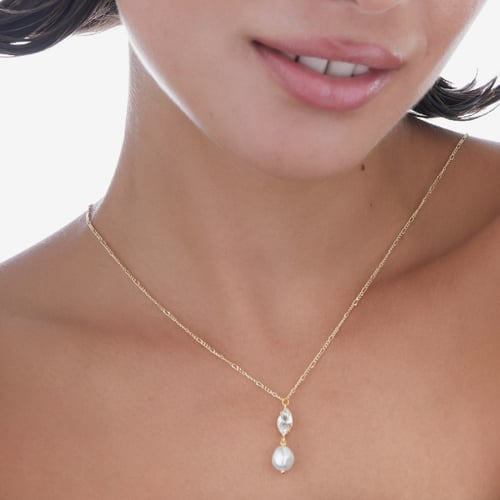 Purpose gold-plated short necklace with white crystal in marquise shape and pearl