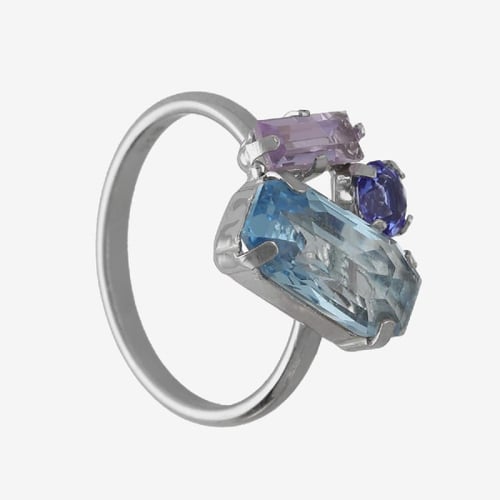 Inspire rhodium-plated adjustable ring with blue crystal in rectangle shape