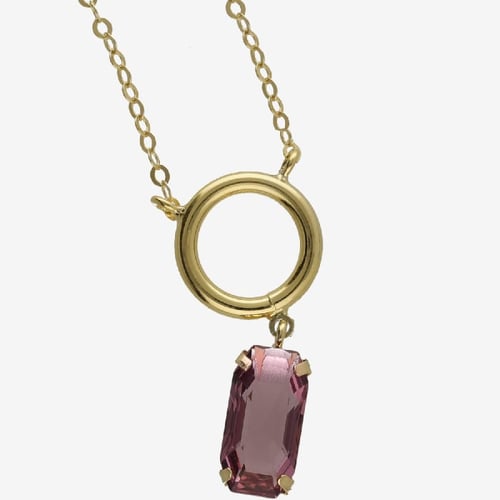 Inspire gold-plated short necklace with pink crystal in rectangle and circle shape