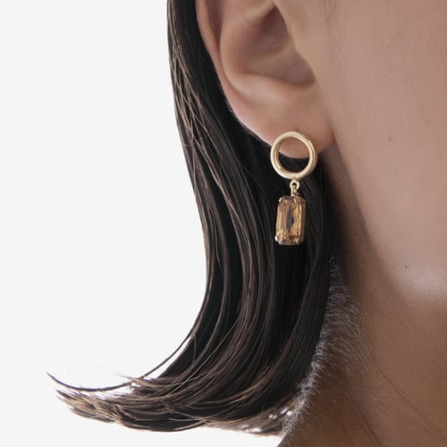 Inspire gold-plated short earrings with brown crystal in rectangle and circle shape