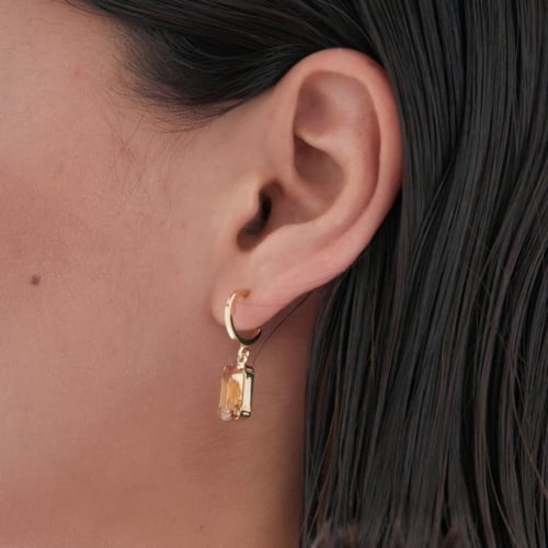 Inspire gold-plated hoop earrings with brown crystal in rectangle shape