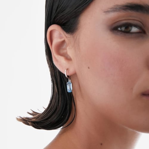 Inspire sterling silver hoop earrings with blue crystal in rectangle shape