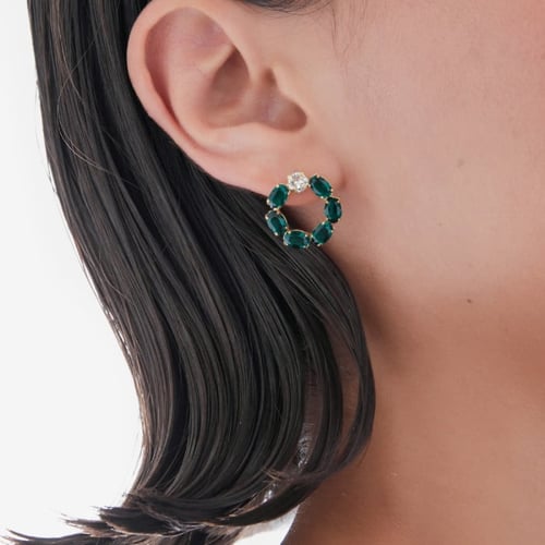 Harmony gold-plated short earrings with green crystal in circle shape
