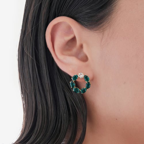 Harmony gold-plated short earrings with green crystal in circle shape