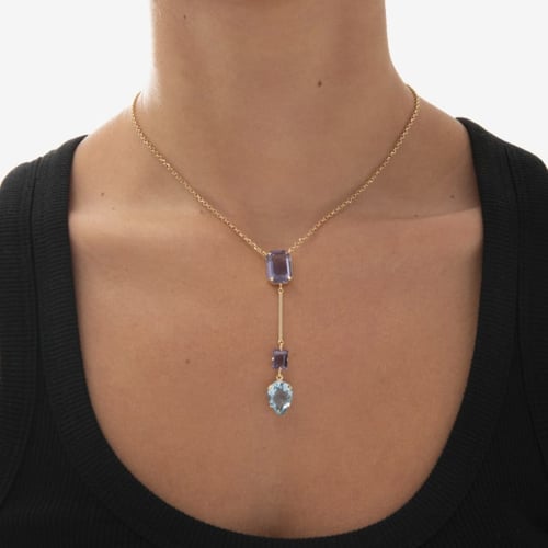 Balance gold-plated long necklace with purple crystal in rectangle shape