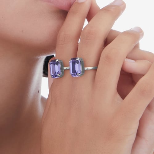 Balance sterling silver adjustable ring with purple crystal in rectangle shape