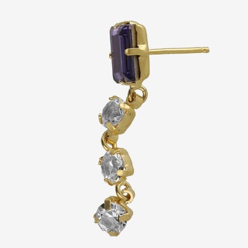 Serenity gold-plated long earrings with purple crystal in rectangle shape