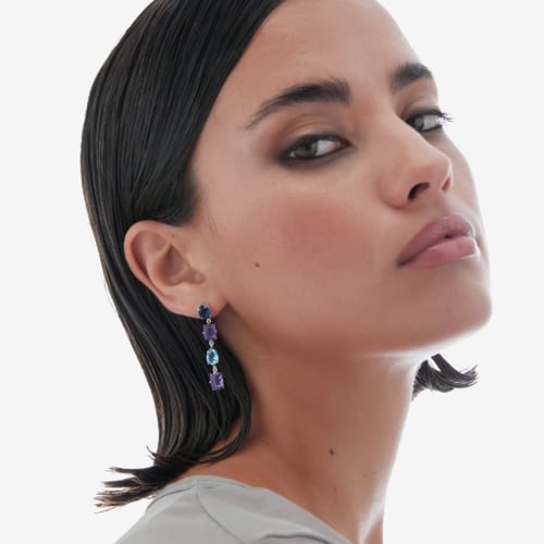 Balance sterling silver long earrings with purple crystal in waterfall shape