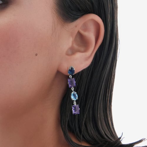 Balance sterling silver long earrings with purple crystal in waterfall shape