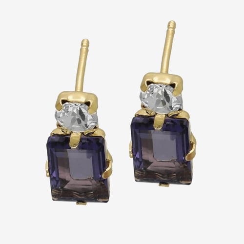 Serenity gold-plated stud earrings with purple crystal in rectangle shape