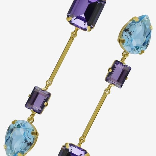 Balance gold-plated long earrings with purple crystal in rectangle shape