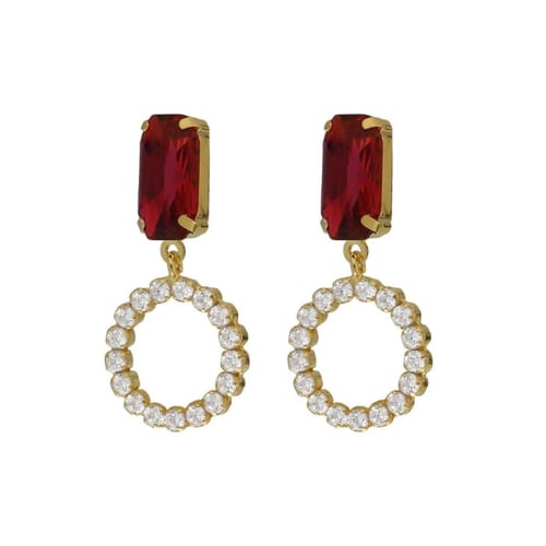 Ginger gold-plated long earrings with red crystal in circle shape