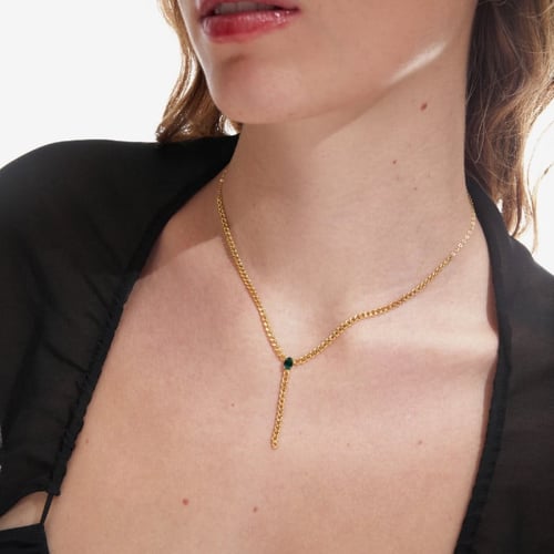 Cinnamon gold-plated short tie necklace with blue crystal in oval shape