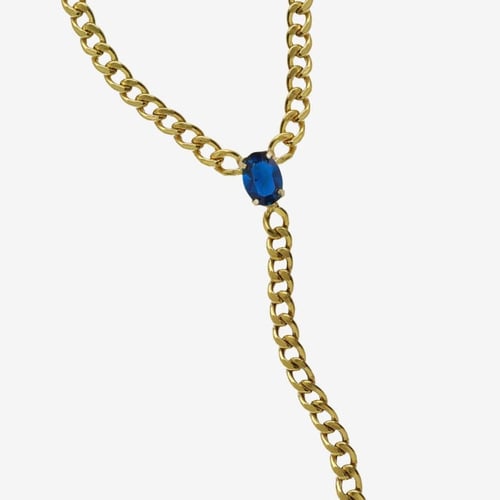 Cinnamon gold-plated short tie necklace with blue crystal in oval shape