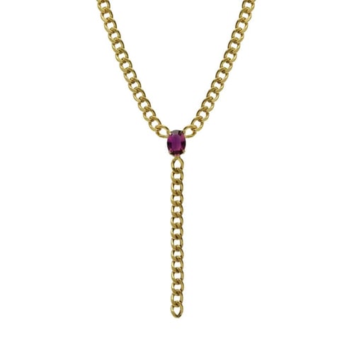 Cinnamon gold-plated short tie necklace with purple crystal in oval shape