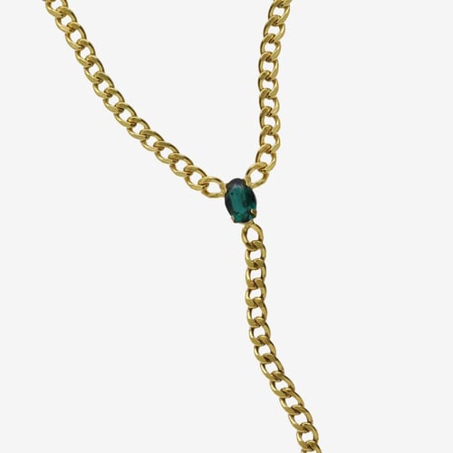 Cinnamon gold-plated short tie necklace with green crystal in oval shape