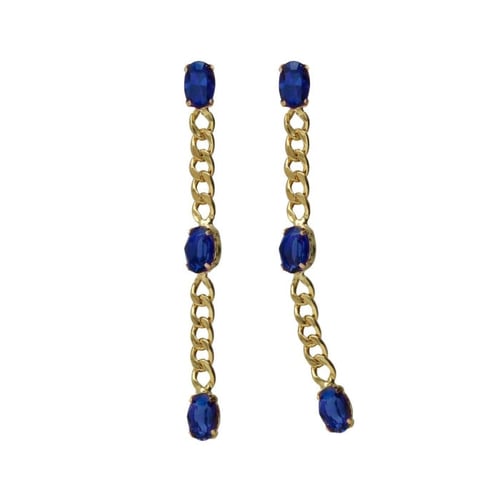Cinnamon gold-plated long earrings with blue 3 crystals in oval shape