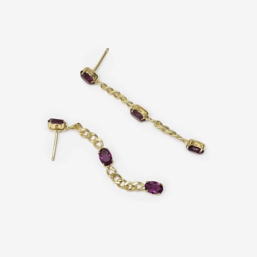 Cinnamon gold-plated long earrings with purple 3 crystals in oval shape