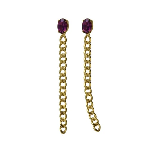 Cinnamon gold-plated long chain earrings with purple crystal in oval shape