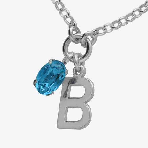 Initiale letter B sterling silver short necklace with blue crystal
