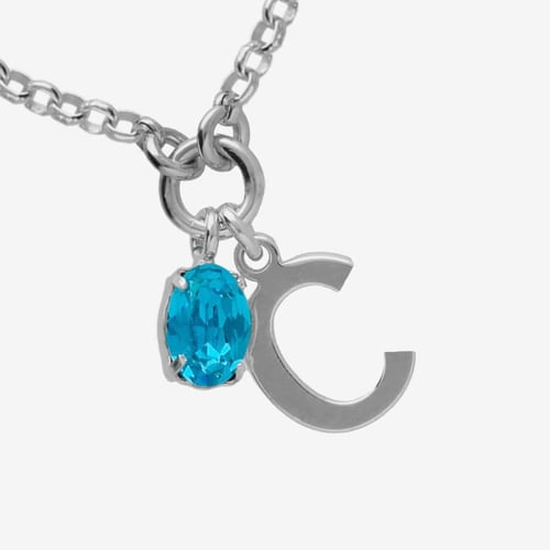Initiale letter C sterling silver short necklace with blue crystal