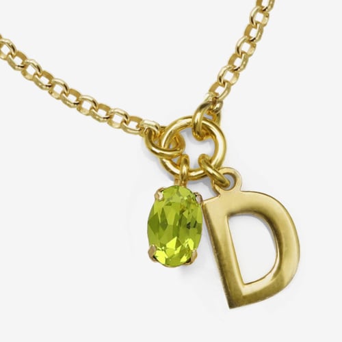 Initiale letter D gold-plated short necklace with green crystal