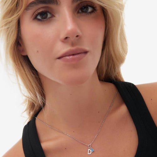 Initiale letter D sterling silver short necklace with blue crystal