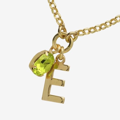 Initiale letter E gold-plated short necklace with green crystal