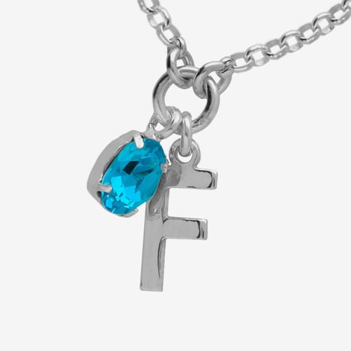 Initiale letter F sterling silver short necklace with blue crystal