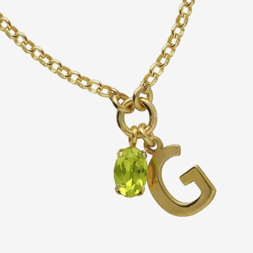 Initiale letter G gold-plated short necklace with green crystal