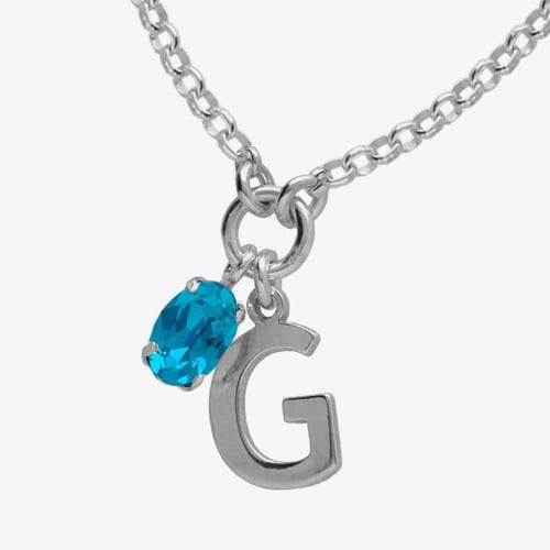 Initiale letter G sterling silver short necklace with blue crystal