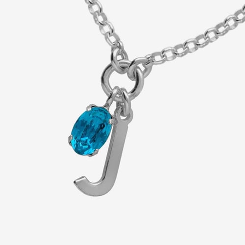 Initiale letter J sterling silver short necklace with blue crystal