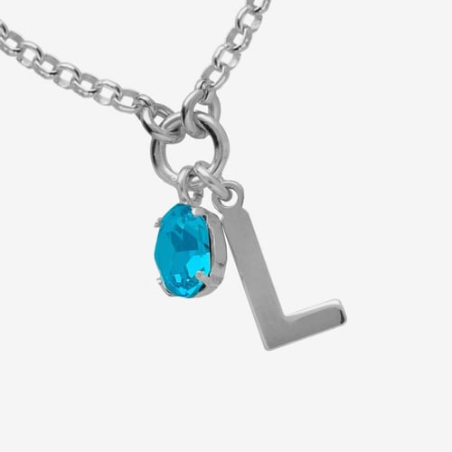 Initiale letter L sterling silver short necklace with blue crystal