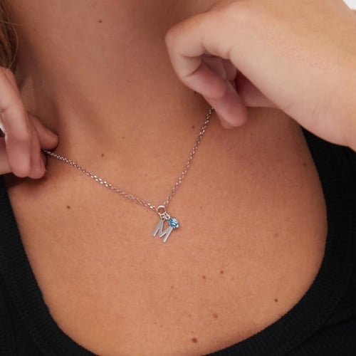 Initiale letter M sterling silver short necklace with blue crystal