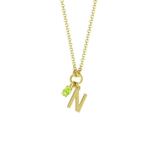 Initiale letter N gold-plated short necklace with green crystal
