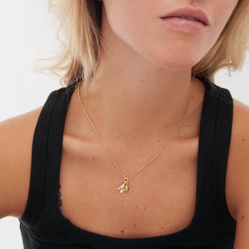 Initiale letter N gold-plated short necklace with green crystal