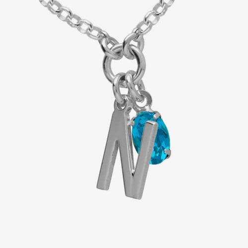 Initiale letter N sterling silver short necklace with blue crystal