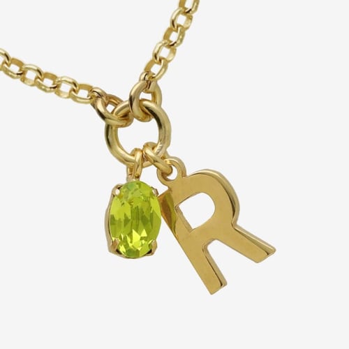 Initiale letter R gold-plated short necklace with green crystal