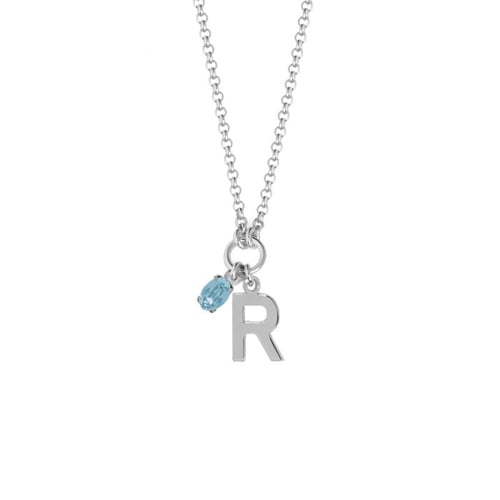 Collar corto letra R color azul elaborado en plata