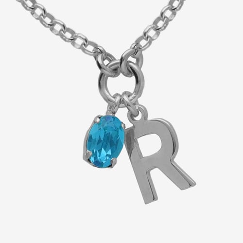 Initiale letter R sterling silver short necklace with blue crystal