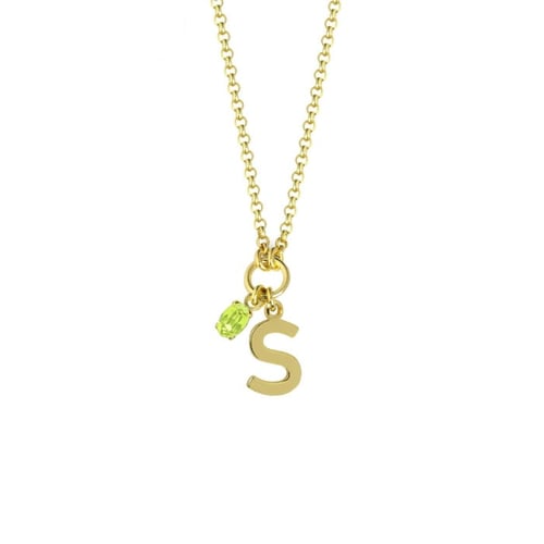 Initiale letter S gold-plated short necklace with green crystal