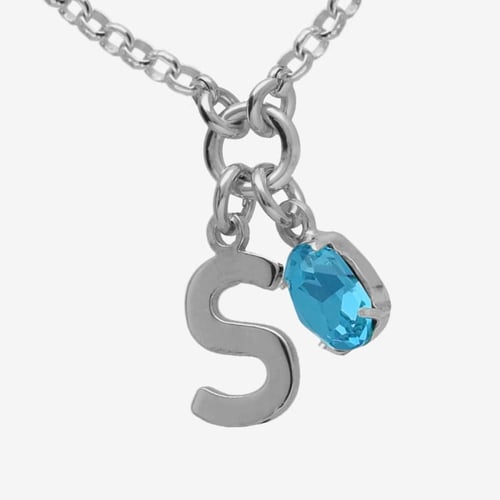 Initiale letter S sterling silver short necklace with blue crystal