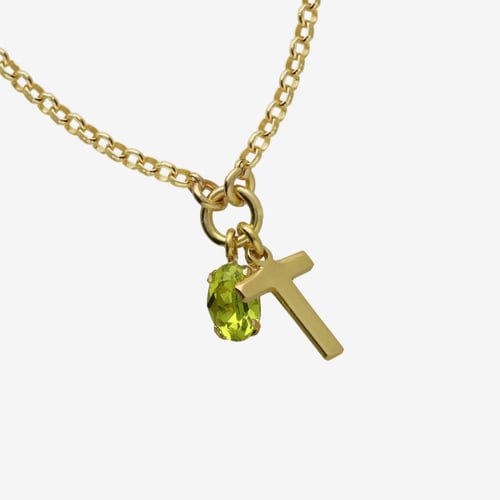 Initiale letter T gold-plated short necklace with green crystal