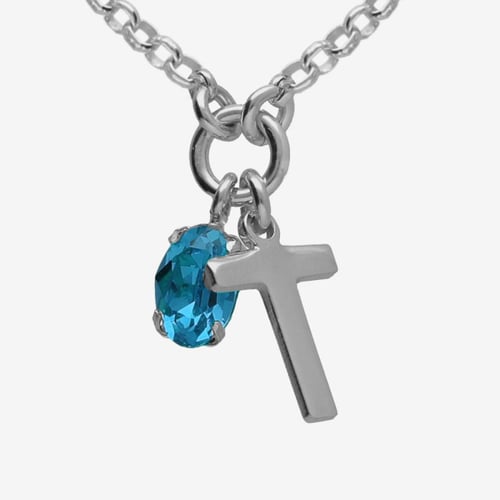 Initiale letter T sterling silver short necklace with blue crystal