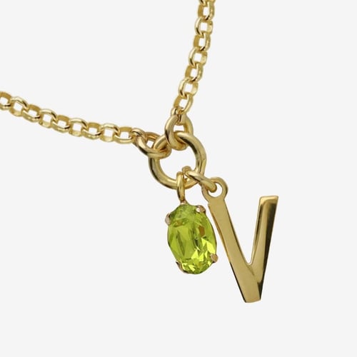 Initiale letter V gold-plated short necklace with green crystal