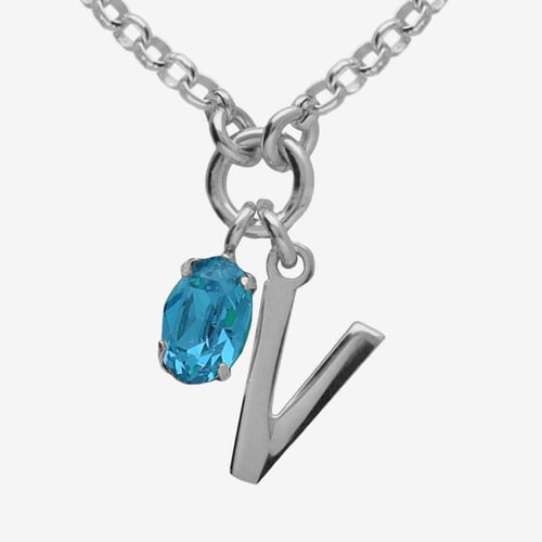 Initiale letter V sterling silver short necklace with blue crystal