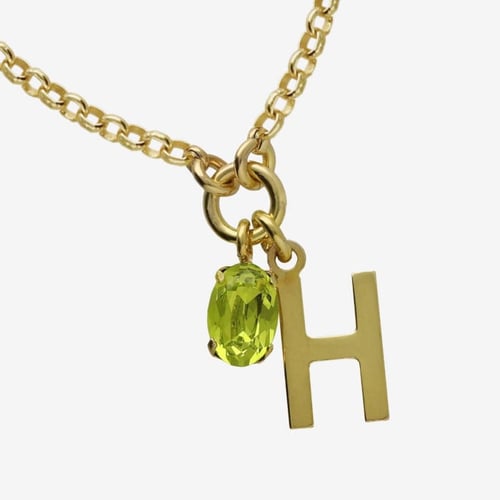 Initiale letter H gold-plated short necklace with green crystal