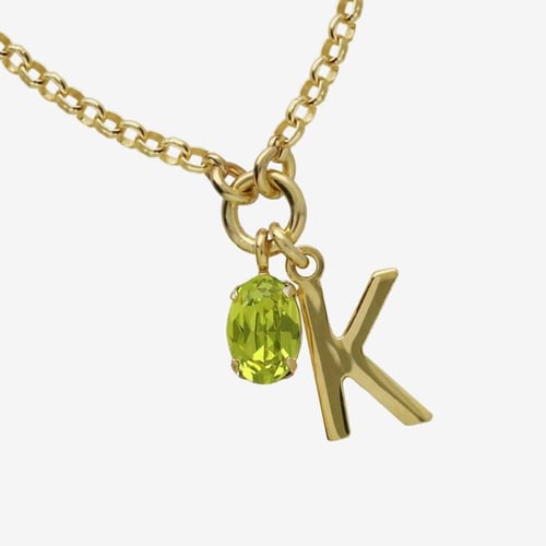Initiale letter K gold-plated short necklace with green crystal