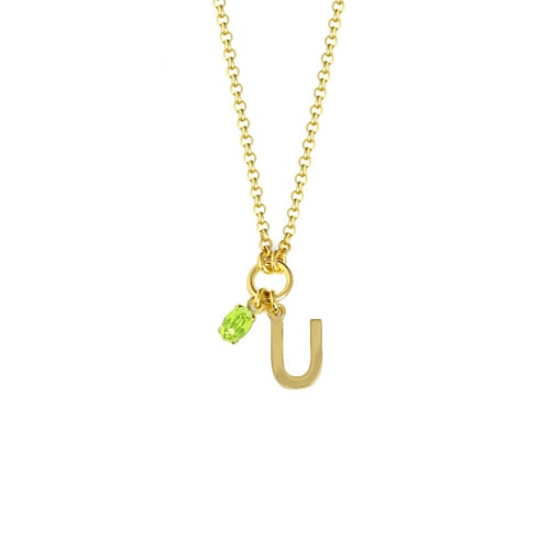 Initiale letter U gold-plated short necklace with green crystal