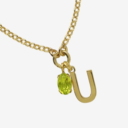 Initiale letter U gold-plated short necklace with green crystal